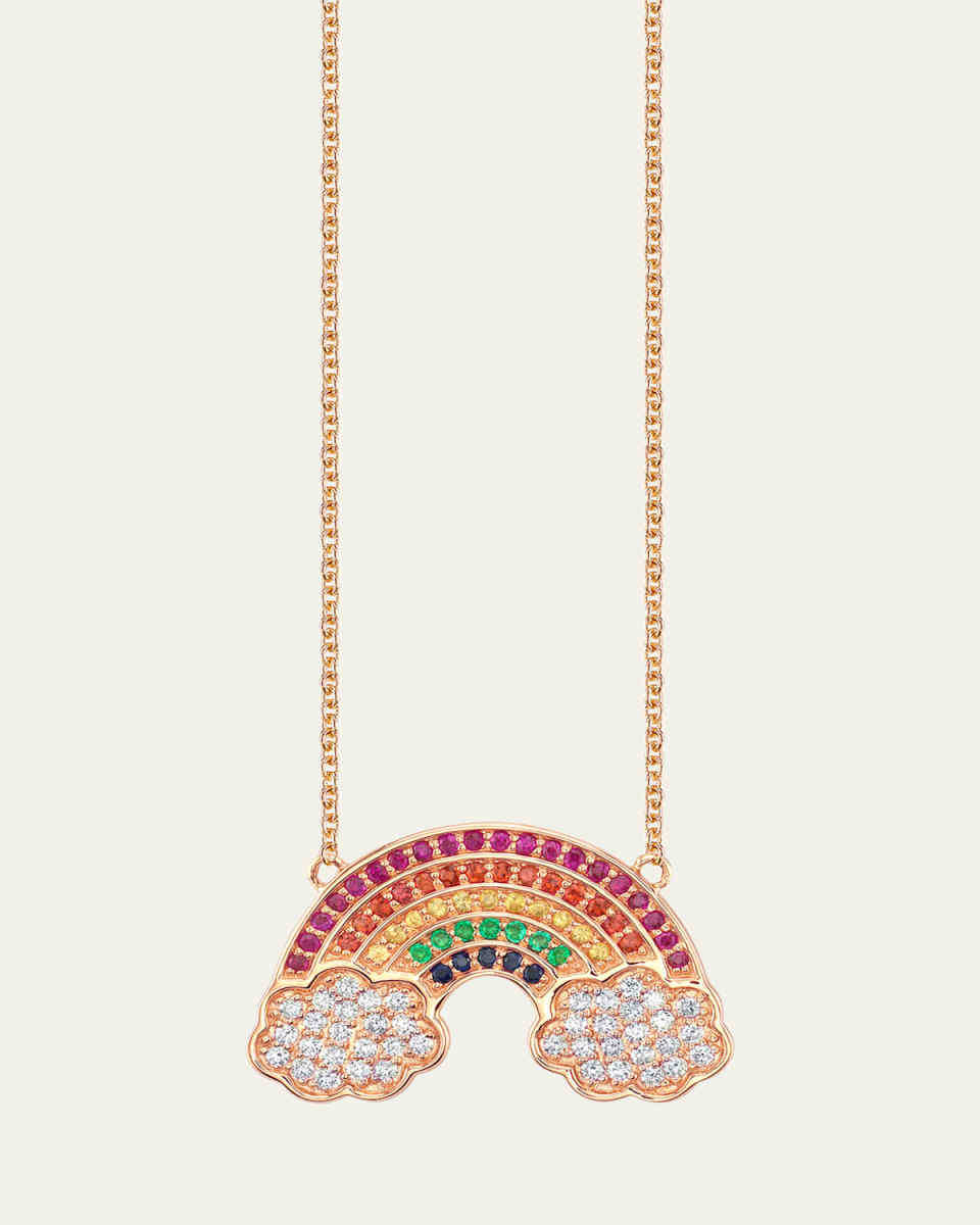 14K Large Pave Rainbow with Clouds Pendant Necklace